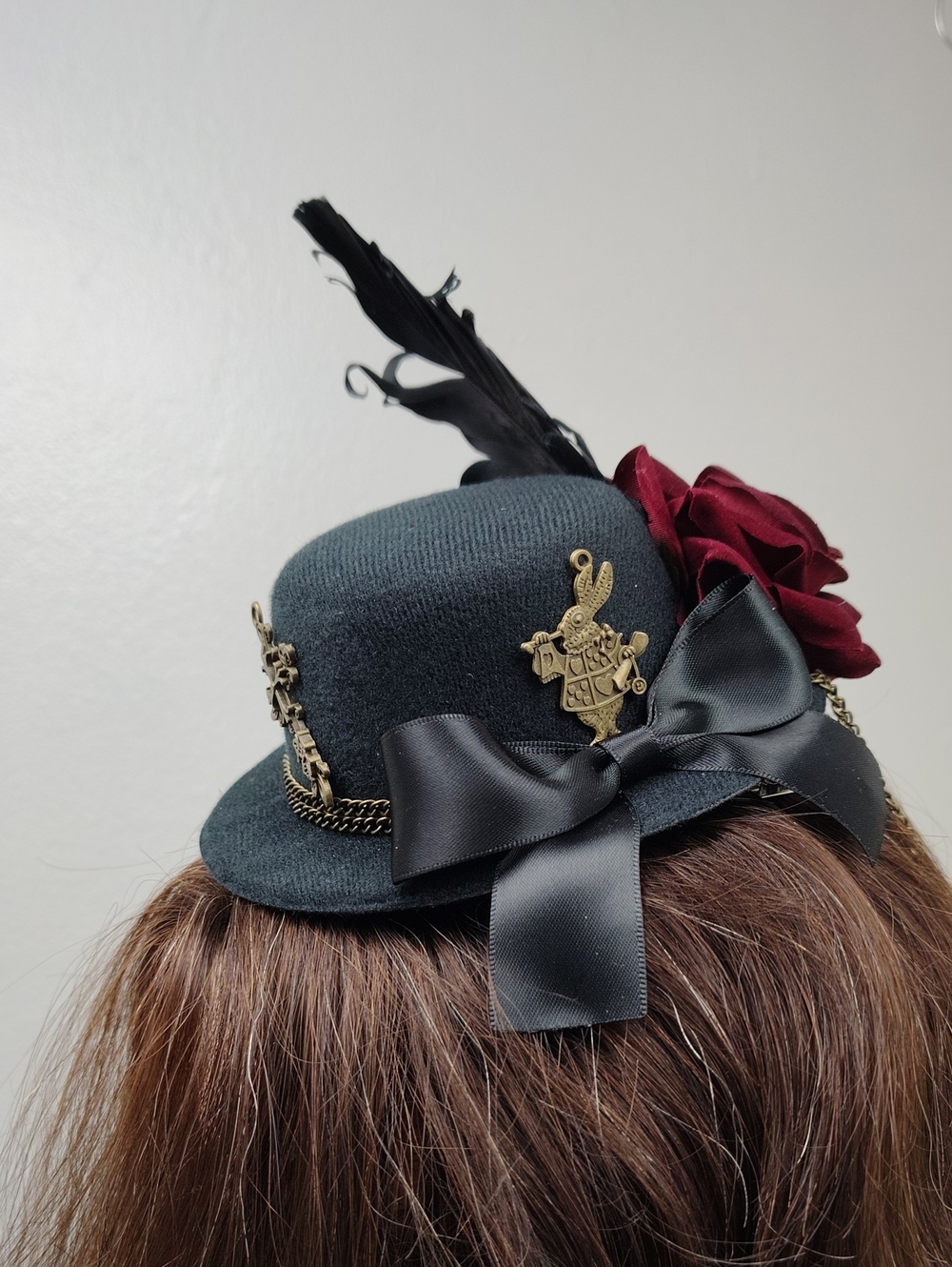 Hand Crafted Black Mini Top Hat with Red Rose & Brass Accents Steampunk Costume